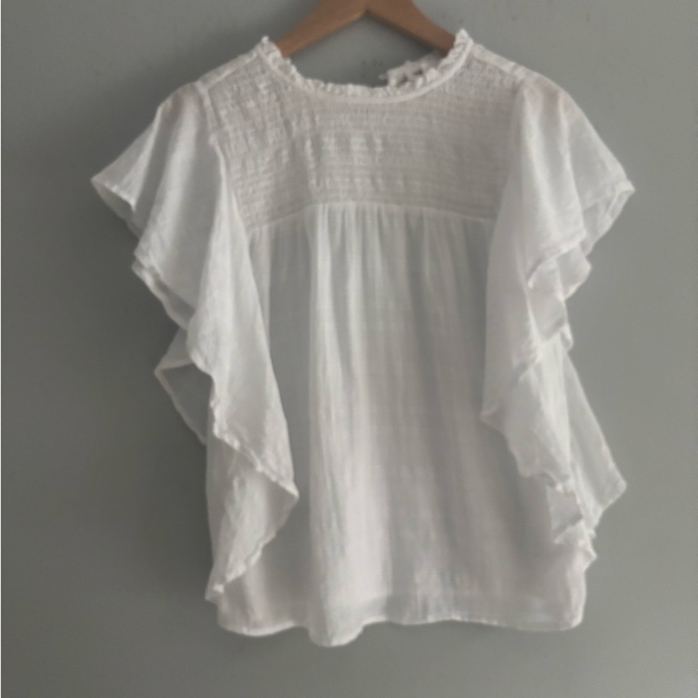 Beach Lunch Lounge White Smocked Cotton Flutter Sleeve Blouse XS